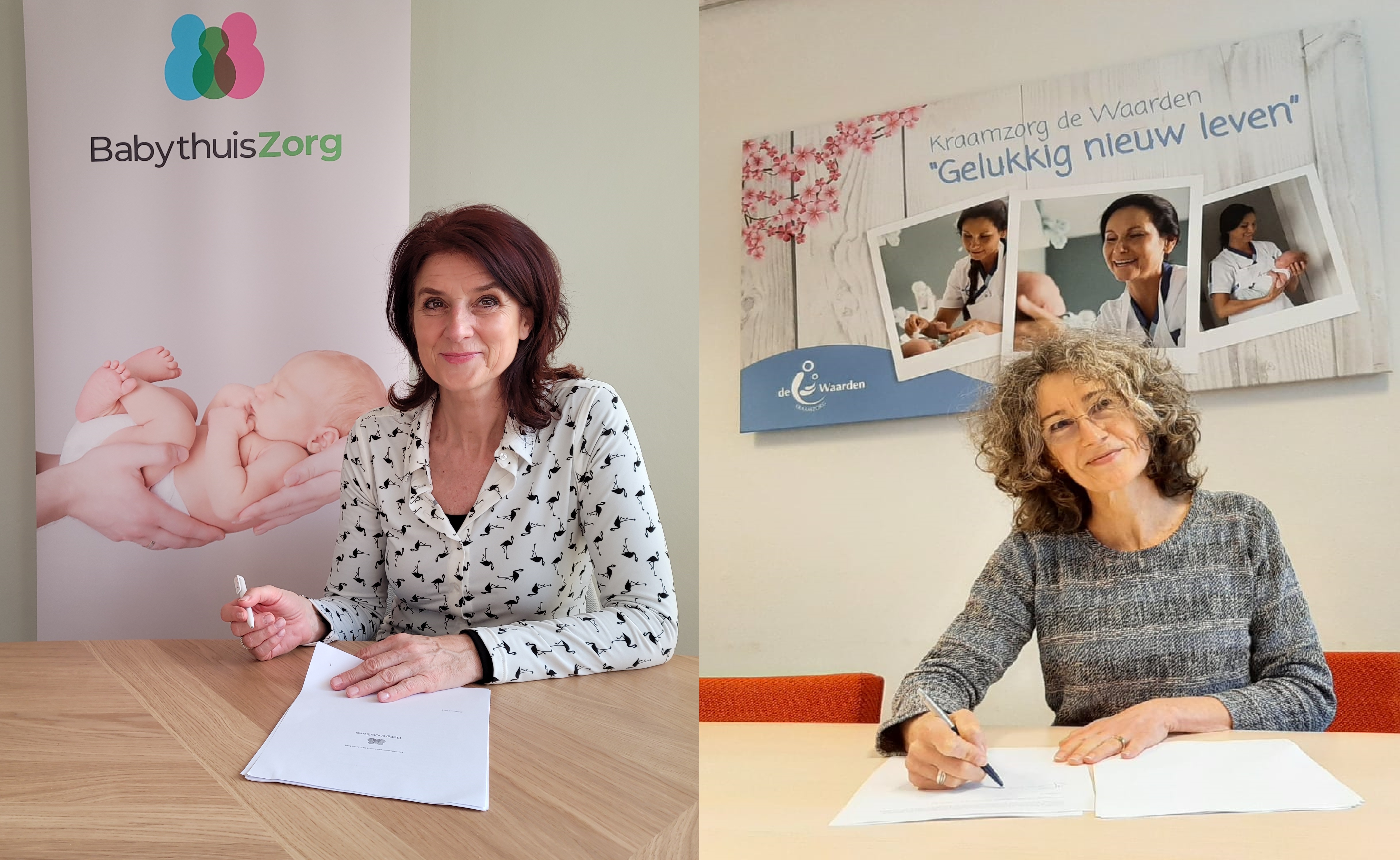 Lindy van Breda Vriesman BabythuisZorg en Jacqueline Dorscheidt De Waarden tekenen de franchiseovereenkomst voor BabythuisZorg 